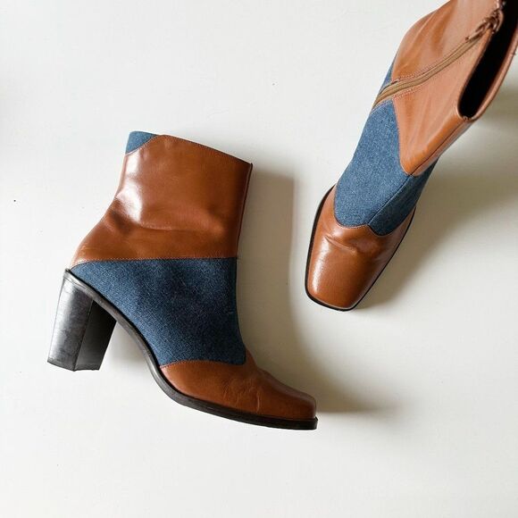 Vintage Shoes - Vintage Worthington Y2K Square Toe Leather and Denim Ankle Boots Blue Tan 8.5